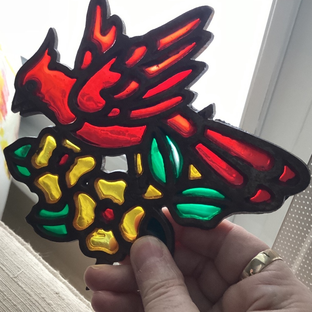 VINTAGE STAINED GLASS CAST IRON CARDINAL BIRD TRIVET